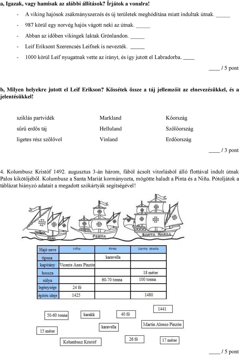 / 5 pont b, Milyen helyekre jutott el Leif Erikson? Kössétek össze a táj jellemzőit az elnevezésükkel, és a jelentésükkel!