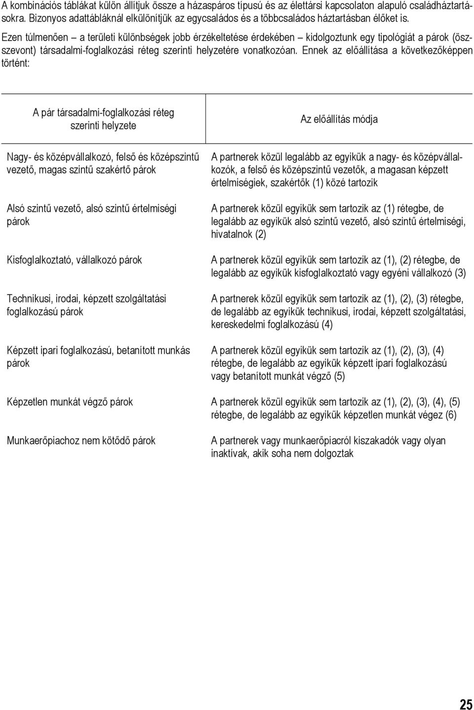 Ezen túlmenően a területi különbségek jobb érzékeltetése érdekében kidolgoztunk egy tipológiát a párok (öszszevont) társadalmi-foglalkozási réteg szerinti helyzetére vonatkozóan.
