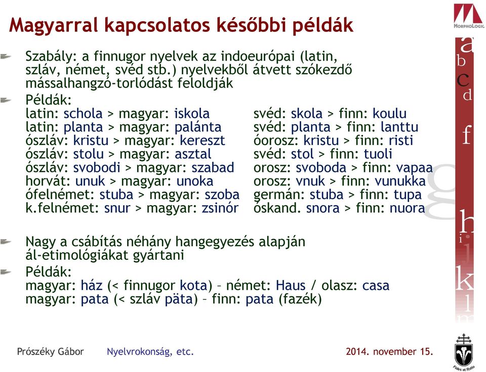 kristu > magyar: kereszt óorosz: kristu > finn: risti ószláv: stolu > magyar: asztal svéd: stol > finn: tuoli ószláv: svobodi > magyar: szabad orosz: svoboda > finn: vapaa horvát: unuk > magyar: