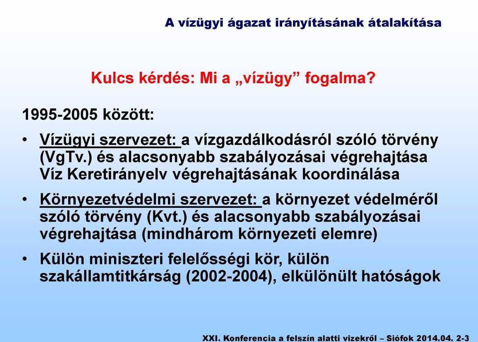 ) és alacsonyabb szabályozásai végrehajtása Víz Keretirányelv végrehajtásának koordinálása Környezetvédelmi