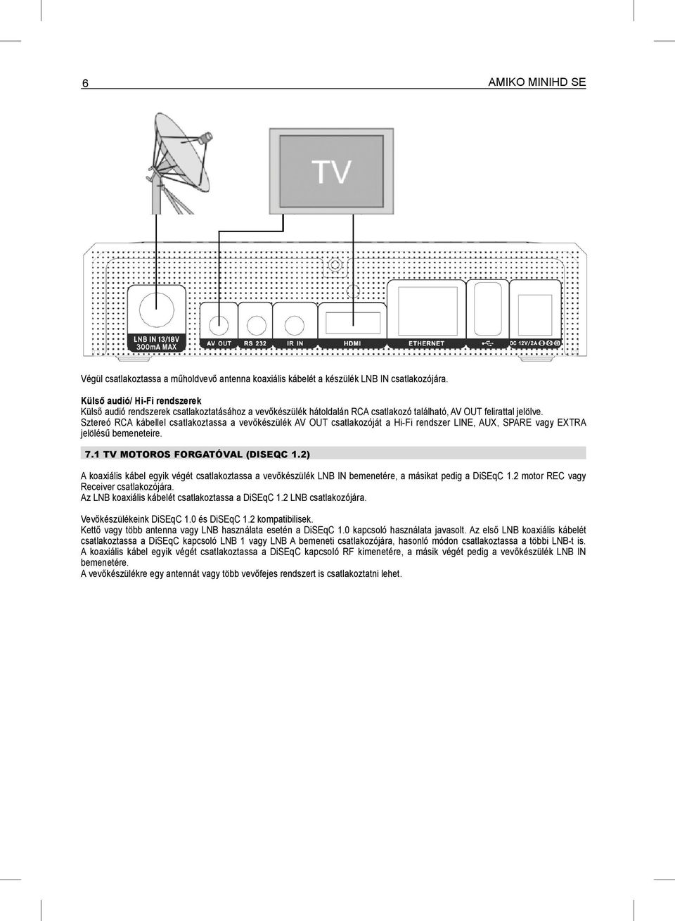 Sztereó RCA kábellel csatlakoztassa a vevőkészülék AV OUT csatlakozóját a Hi-Fi rendszer LINE, AUX, SPARE vagy EXTRA jelölésű bemeneteire. 7.1 TV MOTOROS FORGATÓVAL (DISEQC 1.