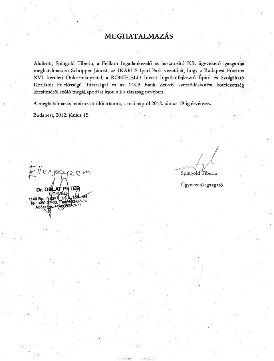 kerületi Önkormányzatai, a RONIFIELD Invest Ingadanfejlesztő Építő és Szolgáltató Korlátolt Felelősségű Társaságai és az MKB Bank