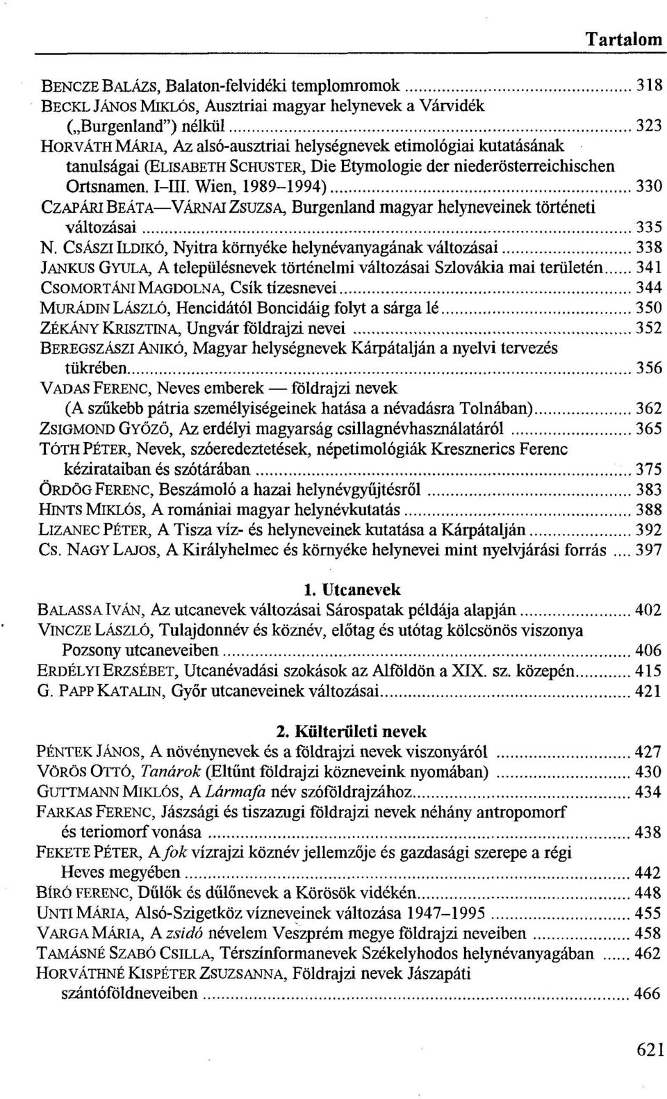 Wien, 1989-1994) 330 CZAPÁRI BEÁTA VÁRNAI ZSUZSA, Burgenland magyar helyneveinek történeti változásai 335 N.