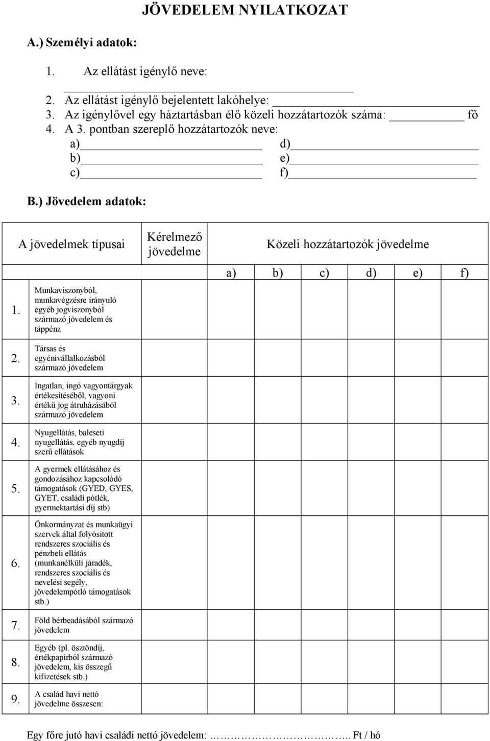 A jövedelmek típusai Munkaviszonyból, munkavégzésre irányuló egyéb jogviszonyból származó jövedelem és táppénz Kérelmező jövedelme Közeli hozzátartozók jövedelme a) b) c) d) e) f) 2. 3. 4. 5. 6. 7. 8.