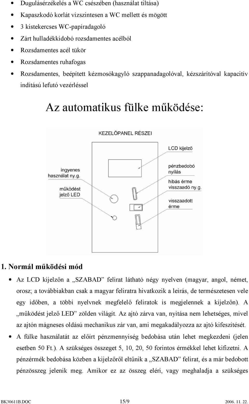 Normál működési mód Az LCD kijelzőn a SZABAD felirat látható négy nyelven (magyar, angol, német, orosz; a továbbiakban csak a magyar feliratra hivatkozik a leírás, de természetesen vele egy időben, a
