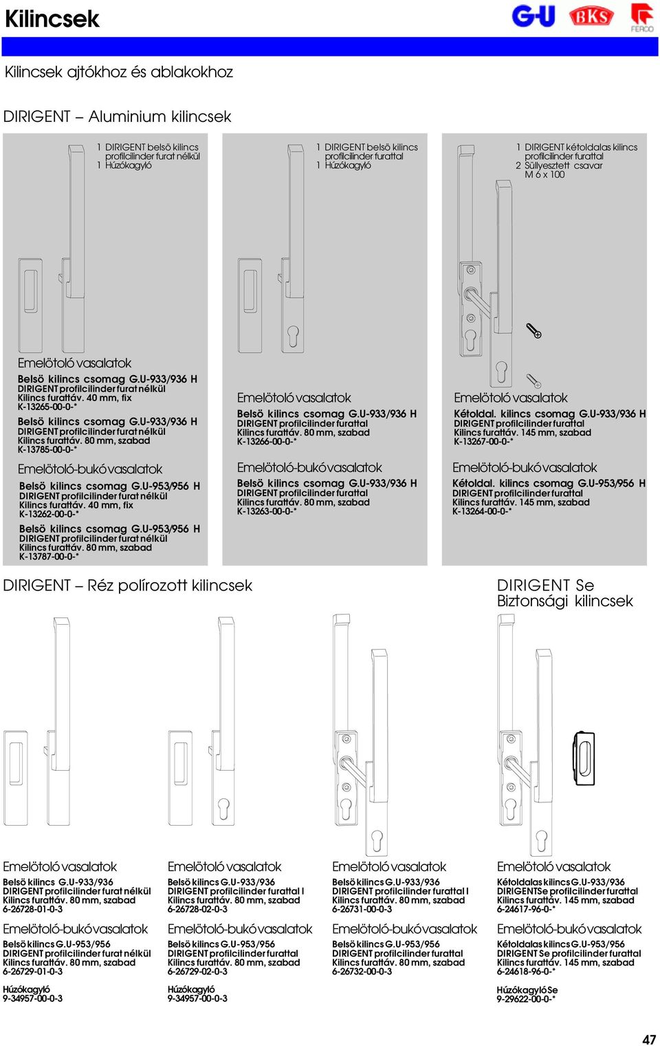 40 mm, fix K-13265-00-0-* Belsö kilincs csomag G.U-933/936 H DIRIGENT profilcilinder furat nélkül K-13785-00-0-* Emelötoló-bukó vasalatok Belsö kilincs csomag G.