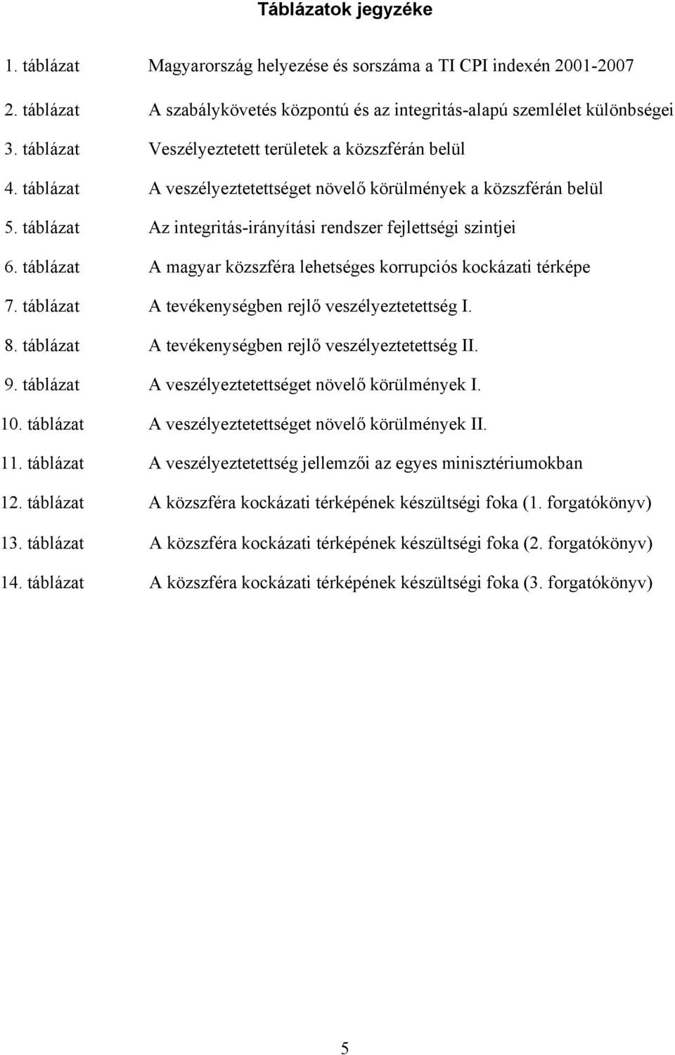 táblázat A magyar közszféra lehetséges korrupciós kockázati térképe 7. táblázat A tevékenységben rejlő veszélyeztetettség I. 8. táblázat A tevékenységben rejlő veszélyeztetettség II. 9.