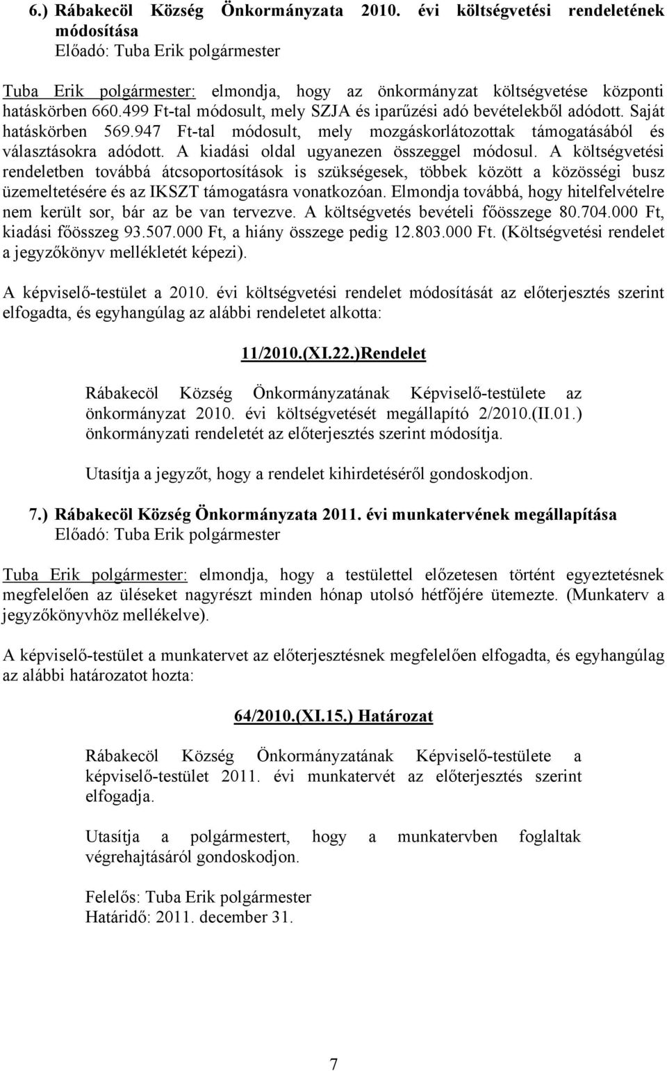 499 Ft-tal módosult, mely SZJA és iparűzési adó bevételekből adódott. Saját hatáskörben 569.947 Ft-tal módosult, mely mozgáskorlátozottak támogatásából és választásokra adódott.