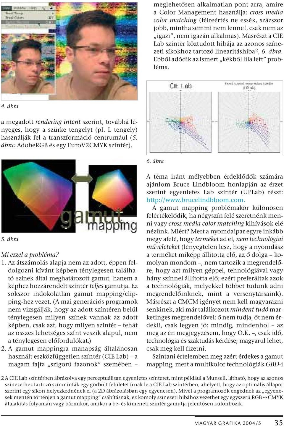 4. ábra a megadott rendering intent szerint, továbbá lényeges, hogy a szürke tengelyt (pl. L tengely) használják fel a transzformáció centrumául (5. ábra: AdobeRGB és egy EuroV2CMYK színtér). 6.