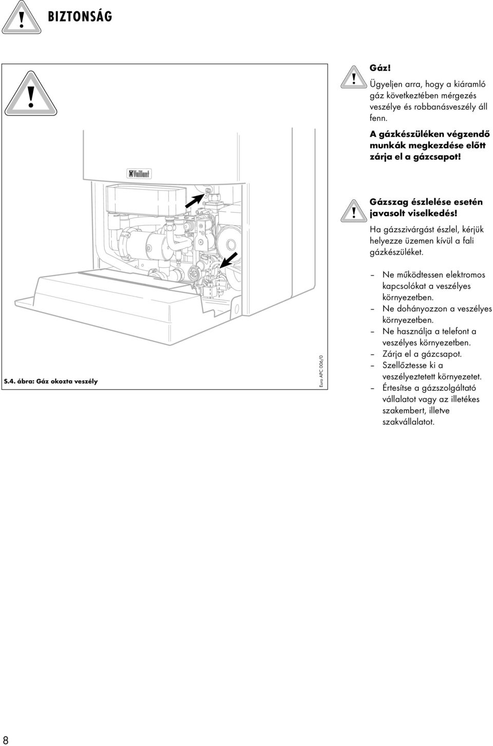 Ha gázszivárgást észlel, kérjük helyezze üzemen kívül a fali gázkészüléket. S.4.