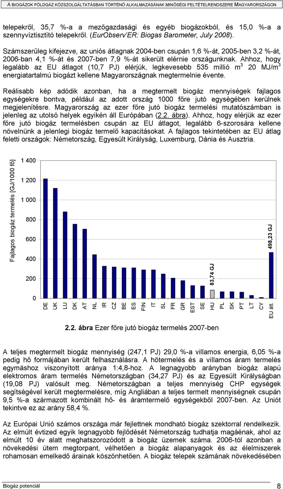 Ahhoz, hogy legalább az EU átlagot (10,7 PJ) elérjük, legkevesebb 535 millió m 3 20 MJ/m 3 energiatartalmú biogázt kellene Magyarországnak megtermelnie évente.