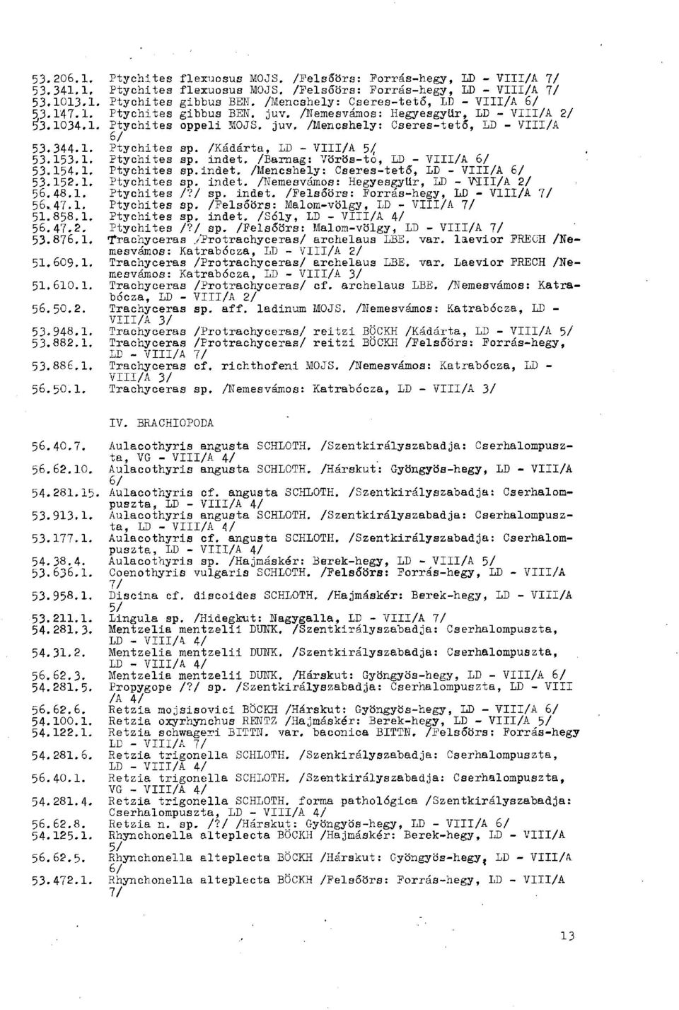 /Mencshely: Cseres-tető, LD - VIII/A 6/ Hegyesgyür, LD - VIII/A 2/ Cseres-tető, LD - VIII/A Ptychites gibbus BEH. juv. /Hemesvámos Ptychites oppeli MOJS. juv. /Mencshely 6/ Ptychites sp.
