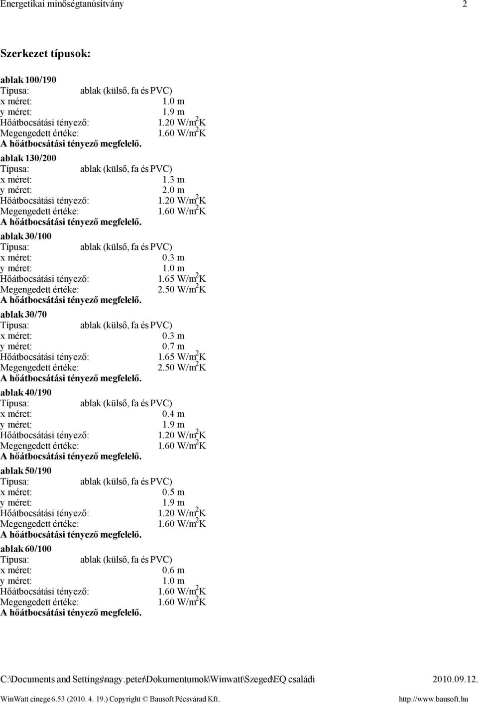 50 W/m 2 K ablak 30/70 0.3 m 0.7 m 1.65 W/m 2 K 2.50 W/m 2 K ablak 40/190 0.4 m 1.9 m 1.