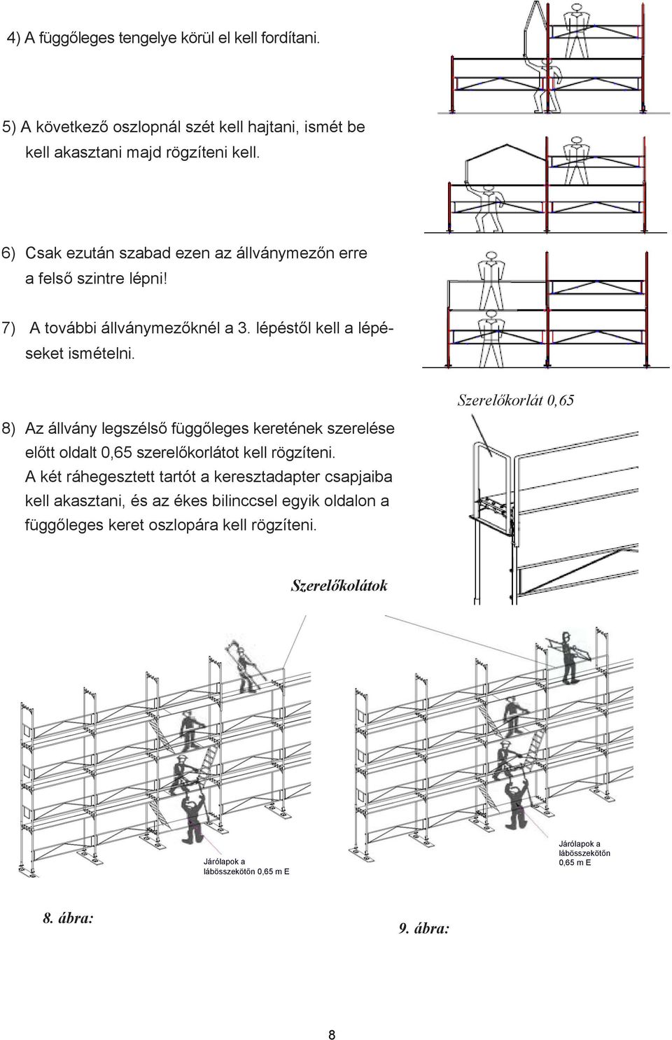 8) Az állvány legszélső függőleges keretének szerelése előtt oldalt 0,65 szerelőkorlátot kell rögzíteni.