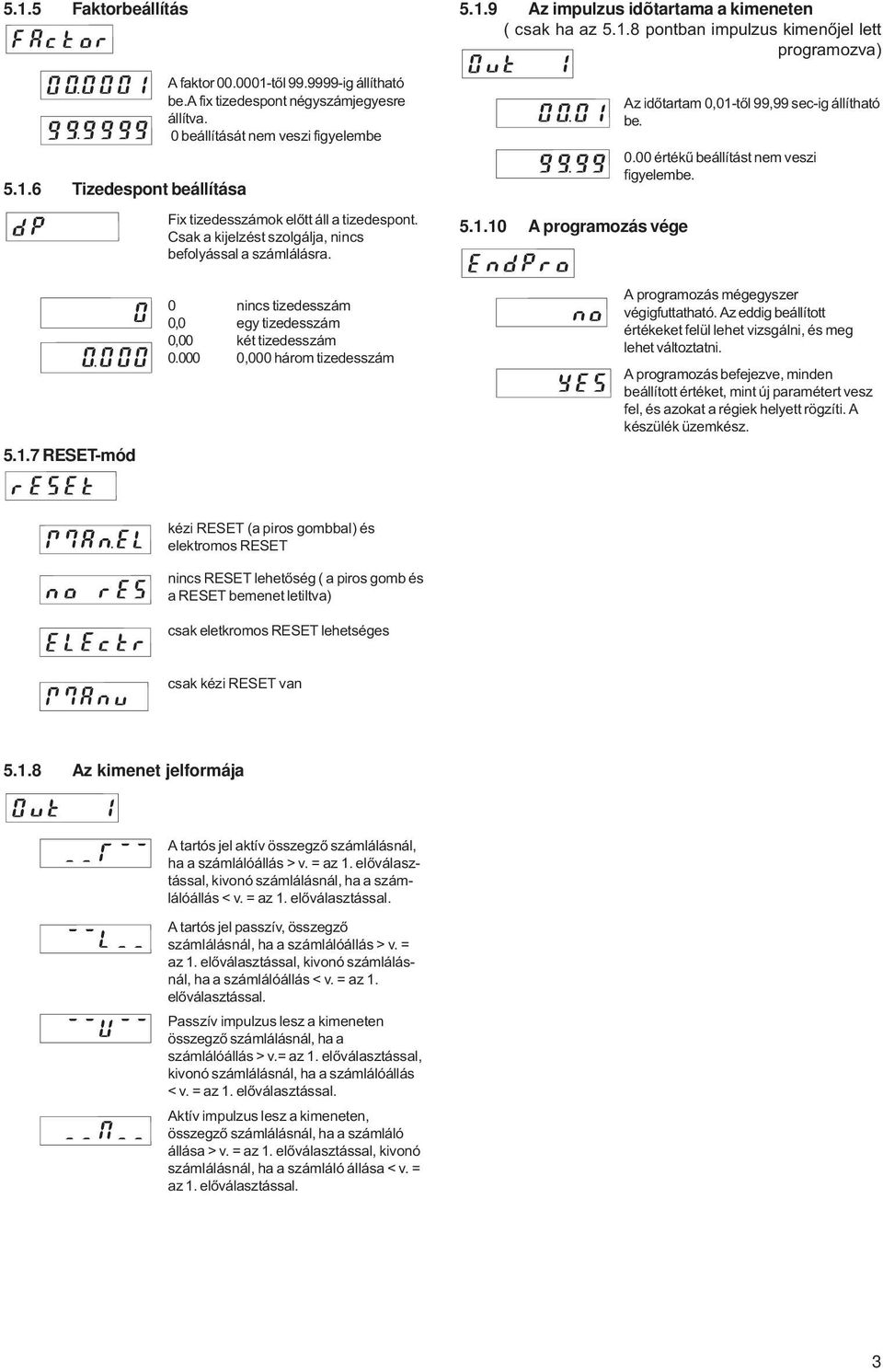 1.10 A programozás vége Az idõtartam 0,01-tõl 99,99 sec-ig állítható be. 0.00 értékû beállítást nem veszi figyelembe. 5.1.7 RESET-mód 0 nincs tizedesszám 0,0 egy tizedesszám 0,00 két tizedesszám 0.