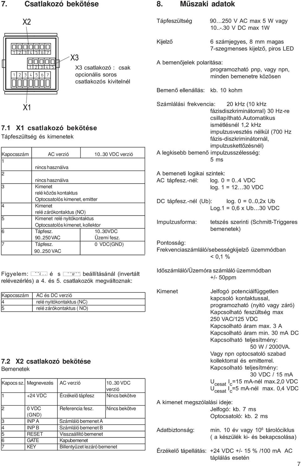 2 X2 csatlakozó bekötése Bemenetek X3 csatlakozó : csak opcionális soros csatlakozós kivitelnél Kapocsszám AC verzió 10.