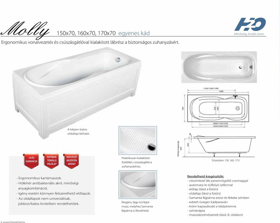 Előlap magasság 560 420 Űrtartalom: 150, 160, 175 l - Ergonomikus kartámaszok. - Hófehér antibakteriális akril, minőségi anyagkombináció. - Igény esetén könnyen felszerelhető előlapok.