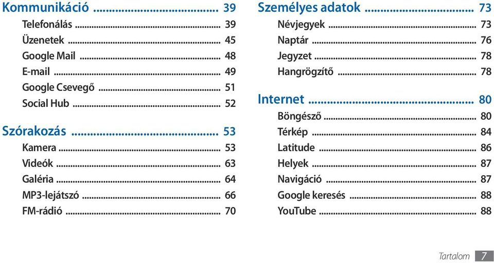 .. 70 Személyes adatok... 73 Névjegyek... 73 Naptár... 76 Jegyzet... 78 Hangrögzítő... 78 Internet.
