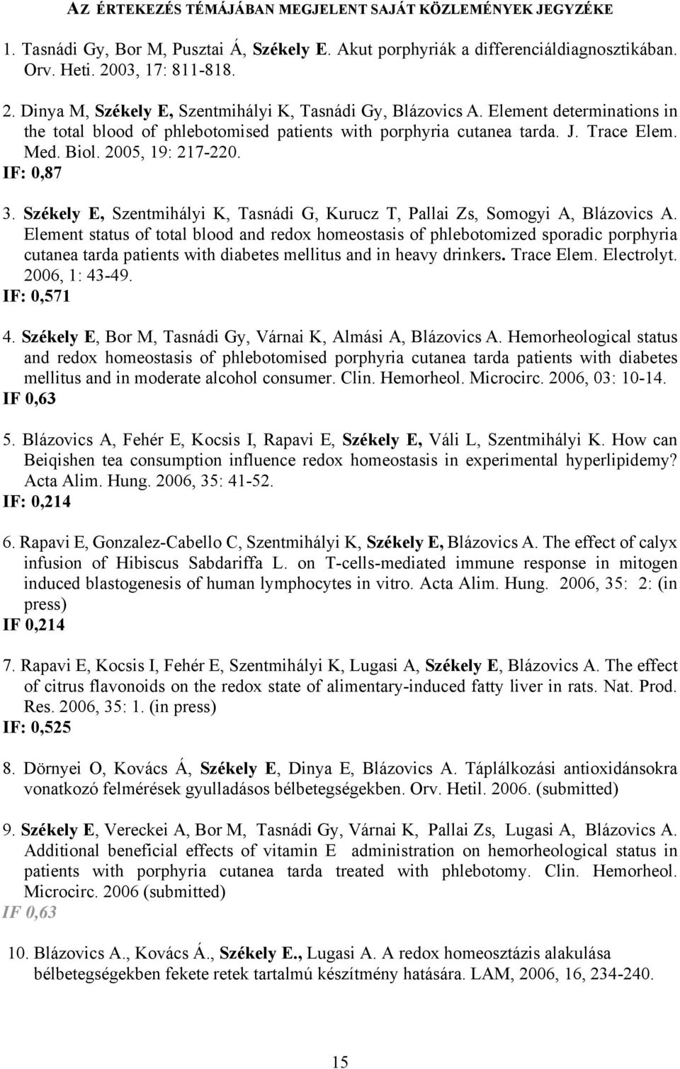 Biol. 2005, 19: 217-220. IF: 0,87 3. Székely E, Szentmihályi K, Tasnádi G, Kurucz T, Pallai Zs, Somogyi A, Blázovics A.
