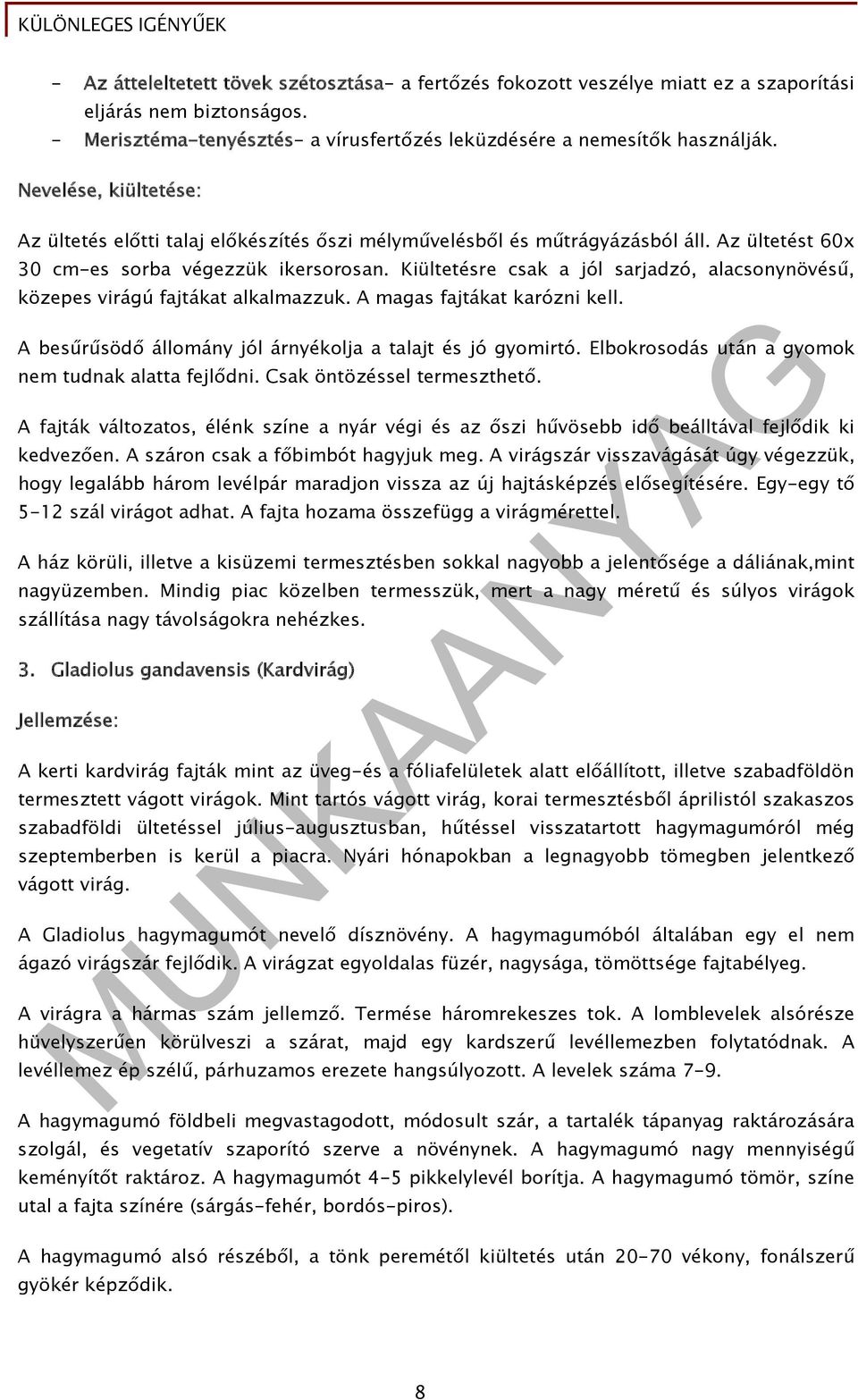 Kiültetésre csak a jól sarjadzó, alacsonynövésű, közepes virágú fajtákat alkalmazzuk. A magas fajtákat karózni kell. A besűrűsödő állomány jól árnyékolja a talajt és jó gyomirtó.