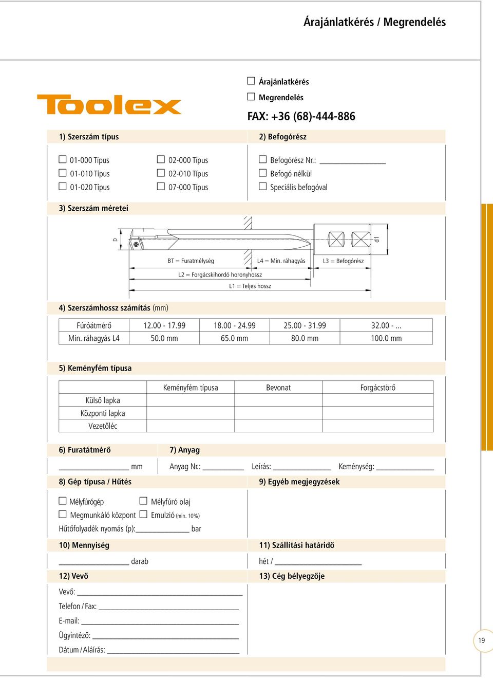 ráhagyás L3 = Befogórész L2 = Forgácskihordó horonyhossz L1 = Teljes hossz 4) Szerszámhossz számítás (mm) Fúróátmérő 12.00-17.99 18.00-24.99.00-31.99 32.00 -... Min. ráhagyás L4 50.0 mm 65.0 mm 80.