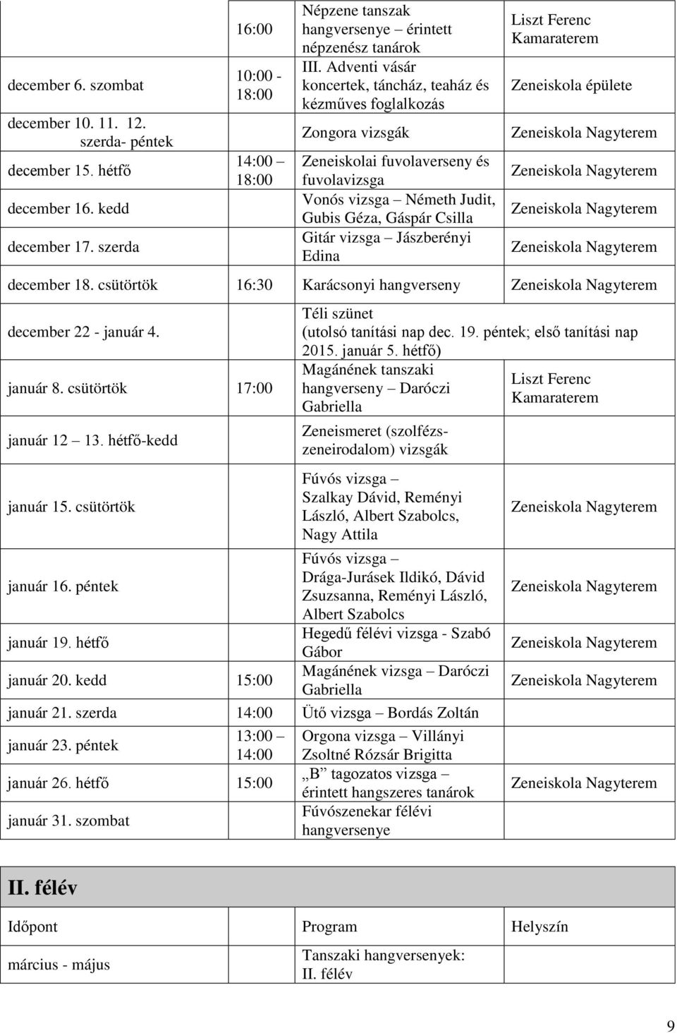 Adventi vásár koncertek, táncház, teaház és kézműves foglalkozás Zongora vizsgák Zeneiskolai fuvolaverseny és fuvolavizsga Vonós vizsga Németh Judit, Gubis Géza, Gáspár Csilla Gitár vizsga