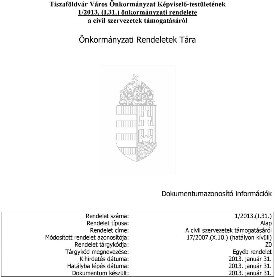 1/2013.(I.31.) Rendelet típusa: Alap Rendelet címe: A civil szervezetek Módosított rendelet azonosítója: 17/2007.(X.10.