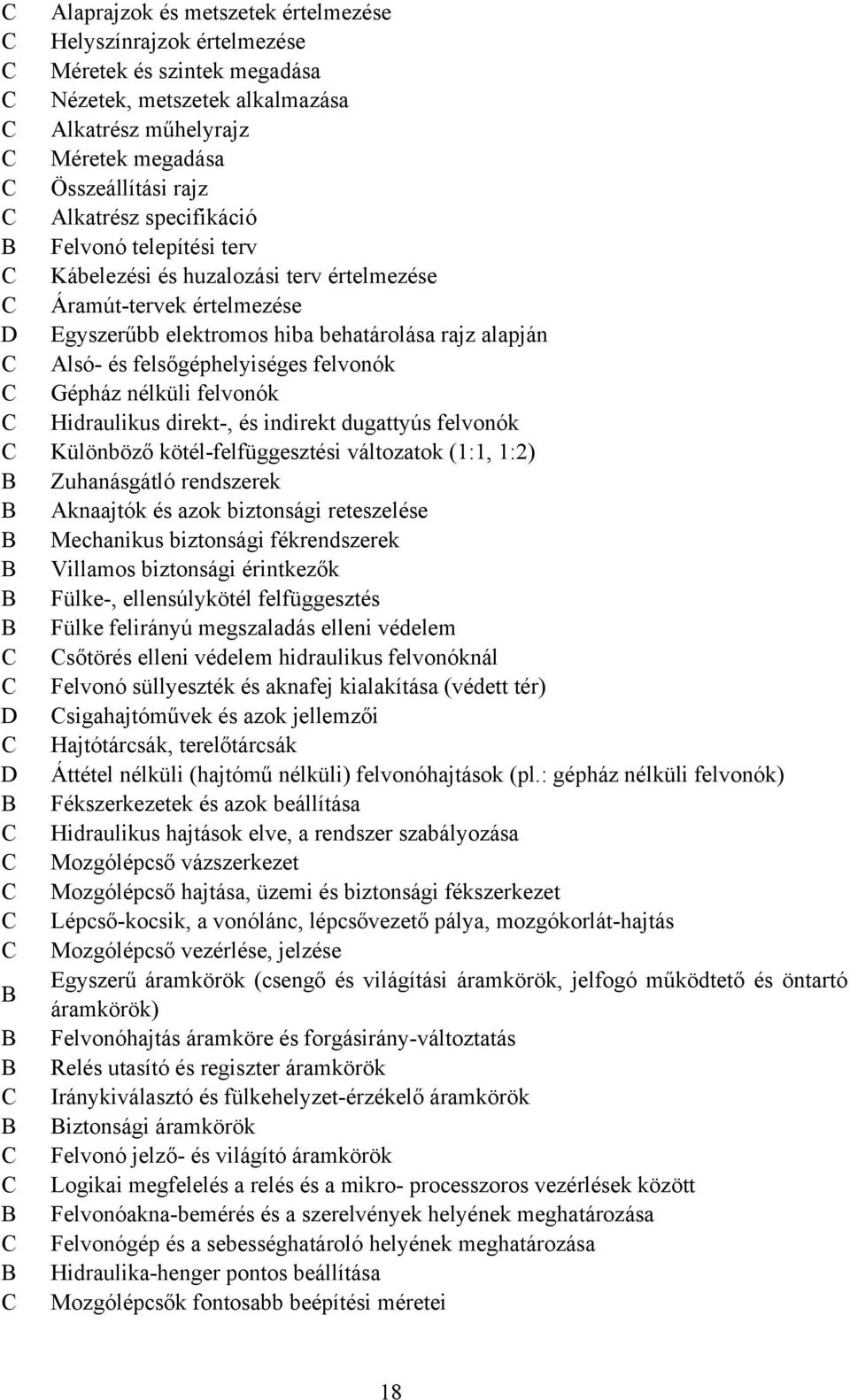 felvonók Hidraulikus direkt-, és indirekt dugattyús felvonók Különböző kötél-felfüggesztési változatok (1:1, 1:2) Zuhanásgátló rendszerek knaajtók és azok biztonsági reteszelése Mechanikus biztonsági