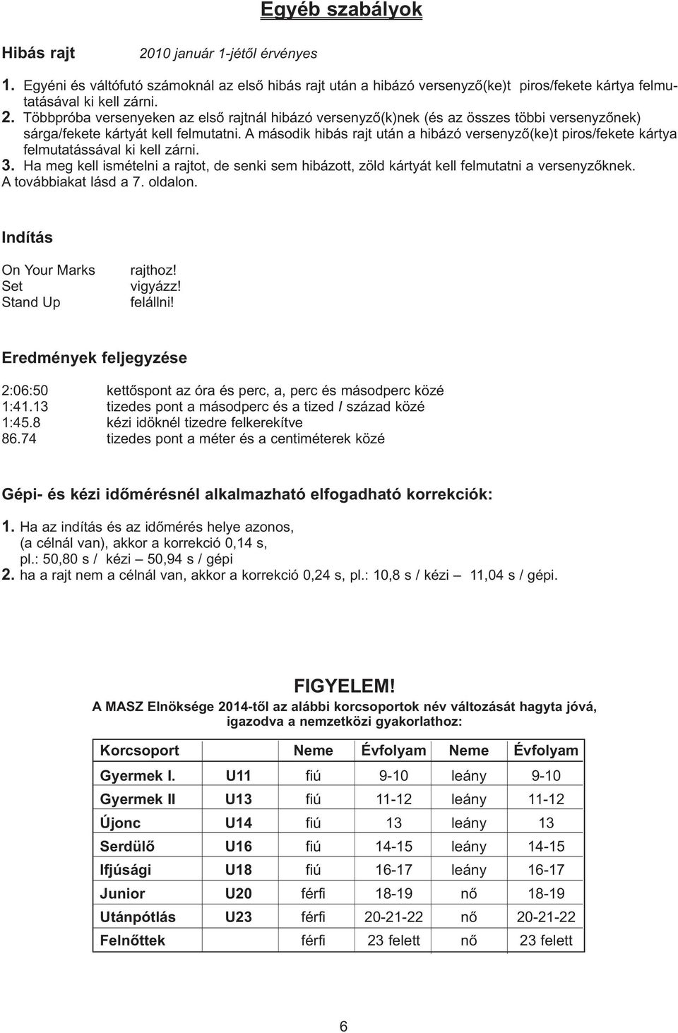 Ha meg kell ismételni a rajtot, de senki sem hibázott, zöld kártyát kell felmutatni a versenyzõknek. A továbbiakat lásd a 7. oldalon. Indítás On Your Marks Set Stand Up rajthoz! vigyázz! felállni!