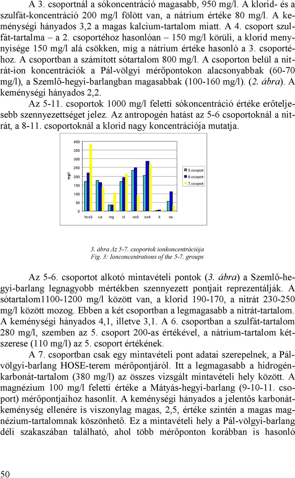 A csoporton belül a nitrát-ion koncentrációk a Pál-völgyi mérőpontokon alacsonyabbak (6-7 mg/l), a Szemlő-hegyi-barlangban magasabbak (1-16 mg/l). (2. ábra). A keménységi hányados 2,2. Az 5-11.