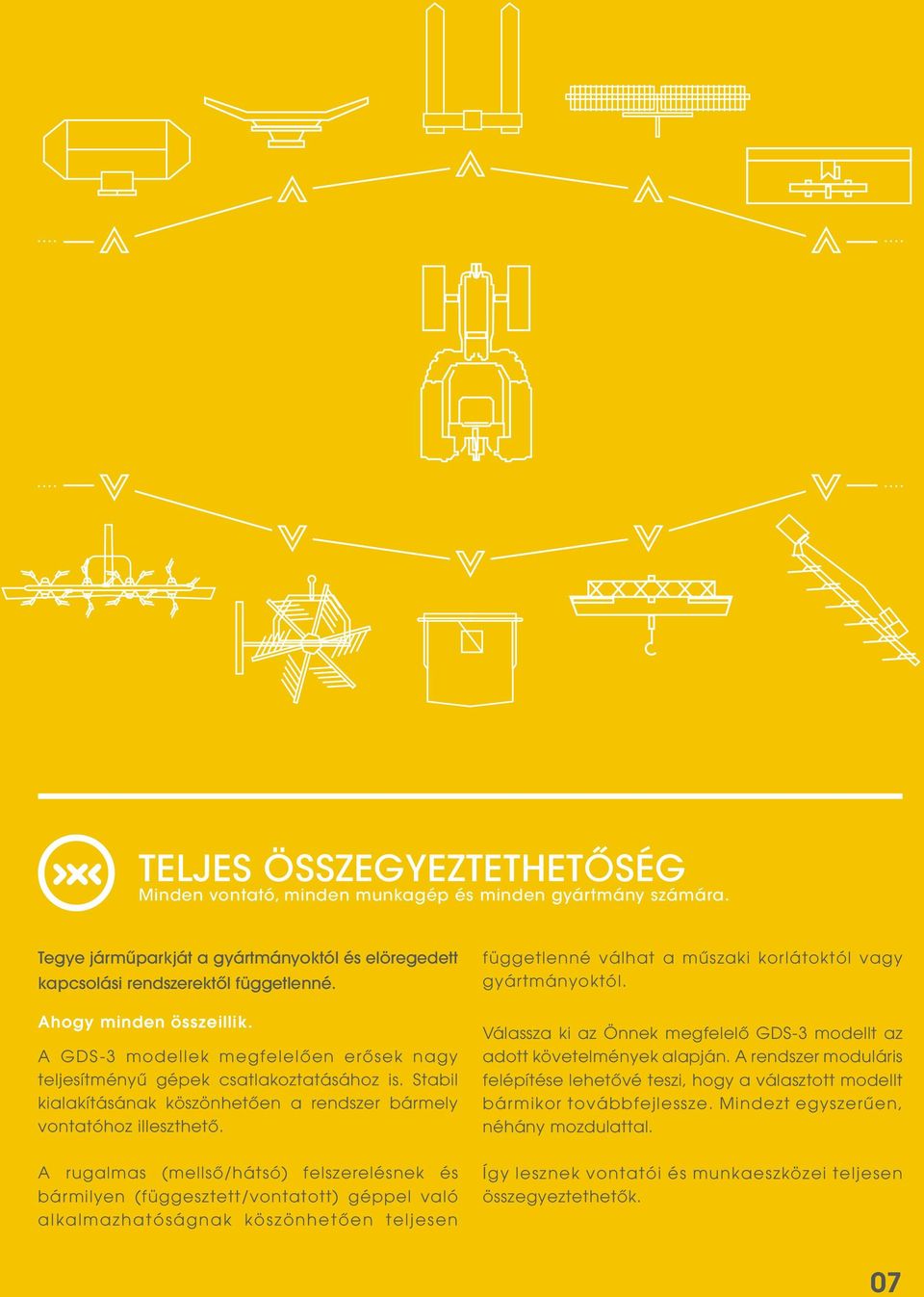 A rugalmas (mellső/hátsó) felszerelésnek és bármilyen (függesztett/vontatott) géppel való alkalmazhatóságnak köszönhetően teljesen függetlenné válhat a műszaki korlátoktól vagy gyártmányoktól.