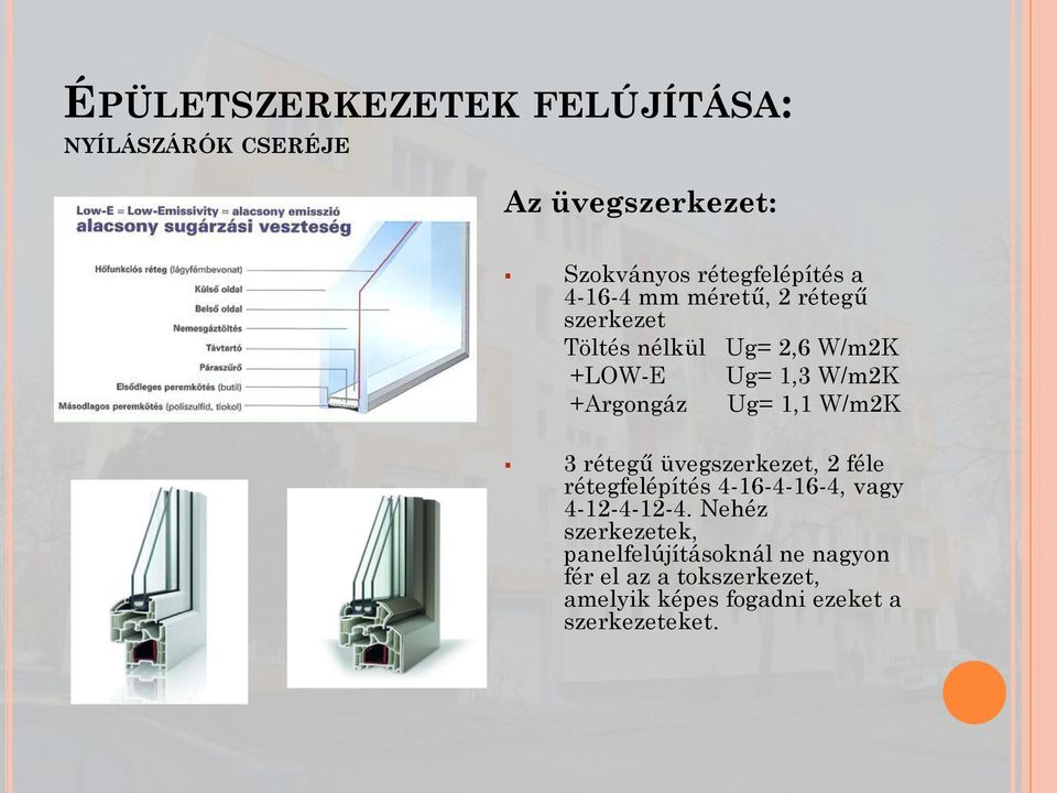 1,1 W/m2K 3 rétegű üvegszerkezet, 2 féle rétegfelépítés 4-16-4-16-4, vagy 4-12-4-12-4.