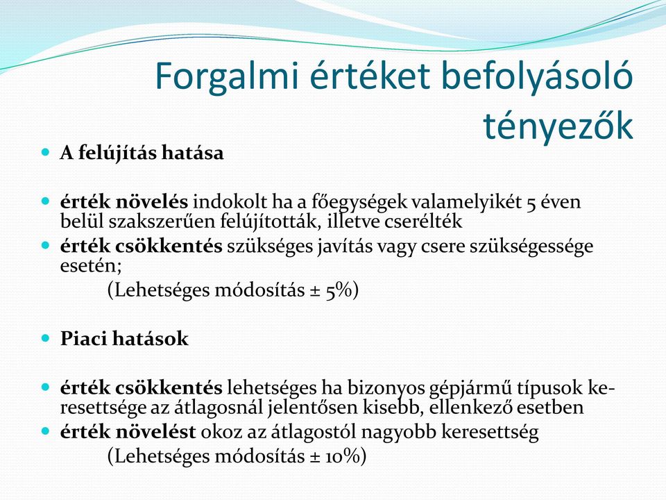 (Lehetséges módosítás ± 5%) Piaci hatások érték csökkentés lehetséges ha bizonyos gépjármű típusok keresettsége az