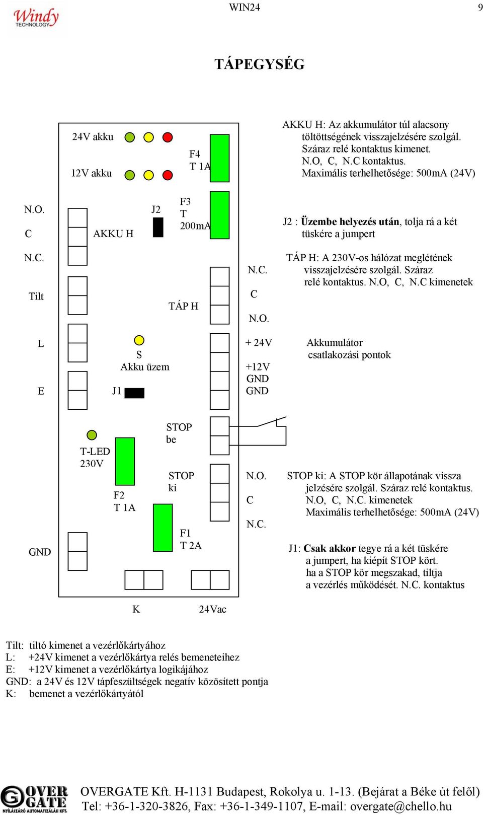 Száraz relé kontaktus. N.O, C, N.C kimenetek L E + 24V Akkumulátor S csatlakozási pontok Akku üzem +12V GND J1 GND GND T-LED 230V F2 T 1A K STOP be STOP N.O. STOP ki: A STOP kör állapotának vissza ki jelzésére szolgál.