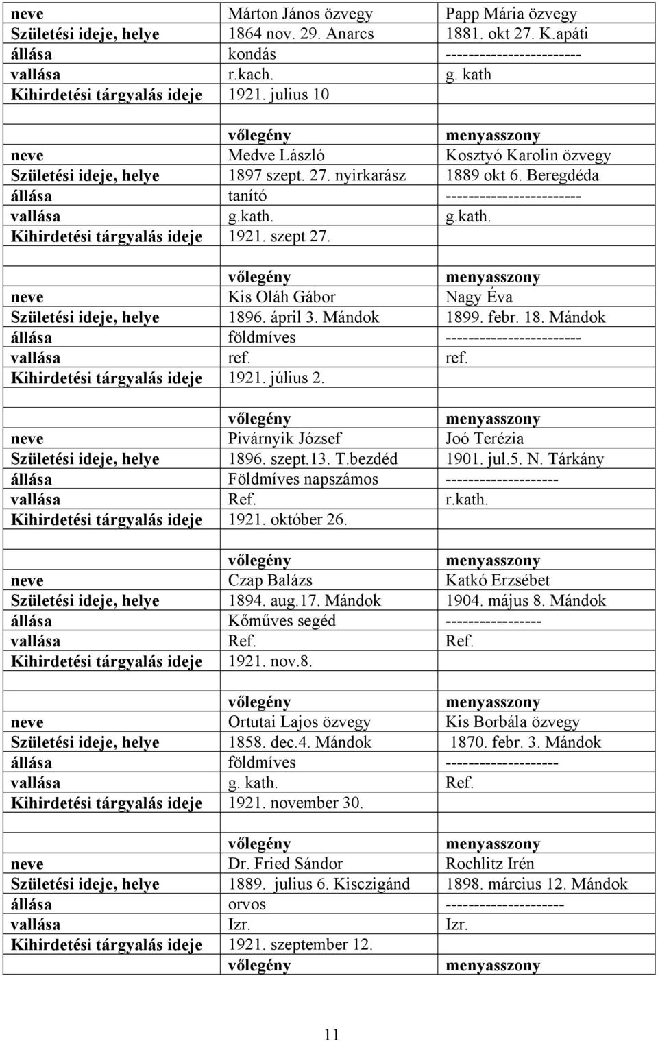 szept 27. neve Kis Oláh Gábor Nagy Éva Születési ideje, helye 1896. ápril 3. Mándok 1899. febr. 18. Mándok földmíves ------------------------ ref. ref. Kihirdetési tárgyalás ideje 1921. július 2.