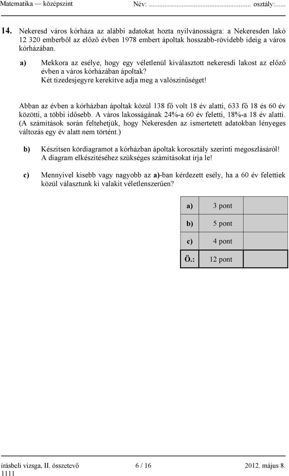 Abban az évben a kórházban ápoltak közül 138 fő volt 18 év alatti, 633 fő 18 és 60 év közötti, a többi idősebb. A város lakosságának 24%-a 60 év feletti, 18%-a 18 év alatti.