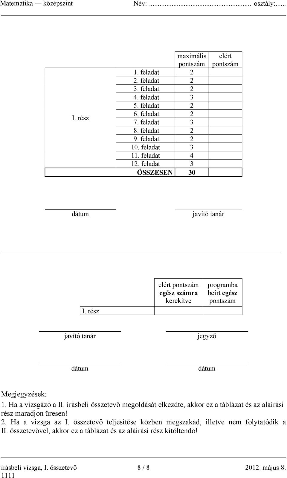 rész elért pontszám egész számra kerekítve programba beírt egész pontszám javító tanár jegyző dátum dátum Megjegyzések: 1. Ha a vizsgázó a II.