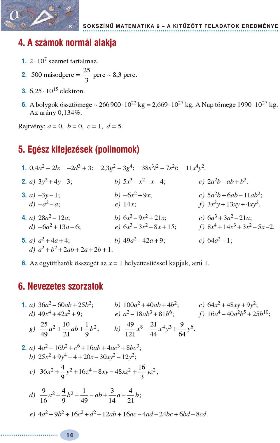 . a) ; b) 6 +9; c) a b +6ab ab ; d) a a; e) ; f) + +.. a) 8a a; b) 6 9 +; c) 6a +a a; d) 6a +a 6; e) 6 8 +; f) 8 + +.. a) a +a +; b) 9a a +9; c) 6a ; d) a + b +ab +a +b +. 6. Az egütthatók összegét az = helettesítéssel kapjuk, ami.