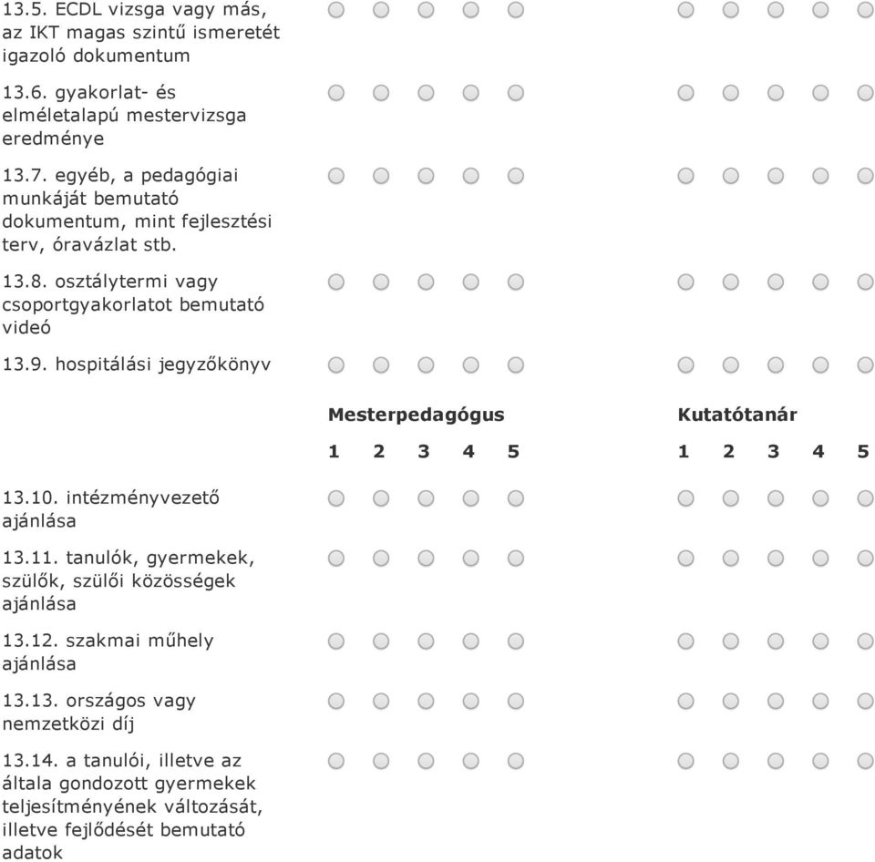 hospitálási jegyzőkönyv Mesterpedagógus Kutatótanár 1 2 3 4 5 1 2 3 4 5 13.10. intézményvezető ajánlása 13.11.