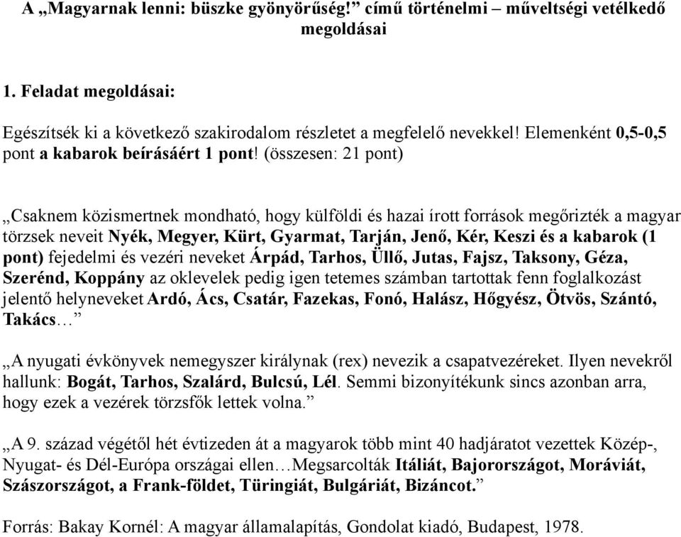 (összesen: 21 pont) Csaknem közismertnek mondható, hogy külföldi és hazai írott források megőrizték a magyar törzsek neveit Nyék, Megyer, Kürt, Gyarmat, Tarján, Jenő, Kér, Keszi és a kabarok (1 pont)