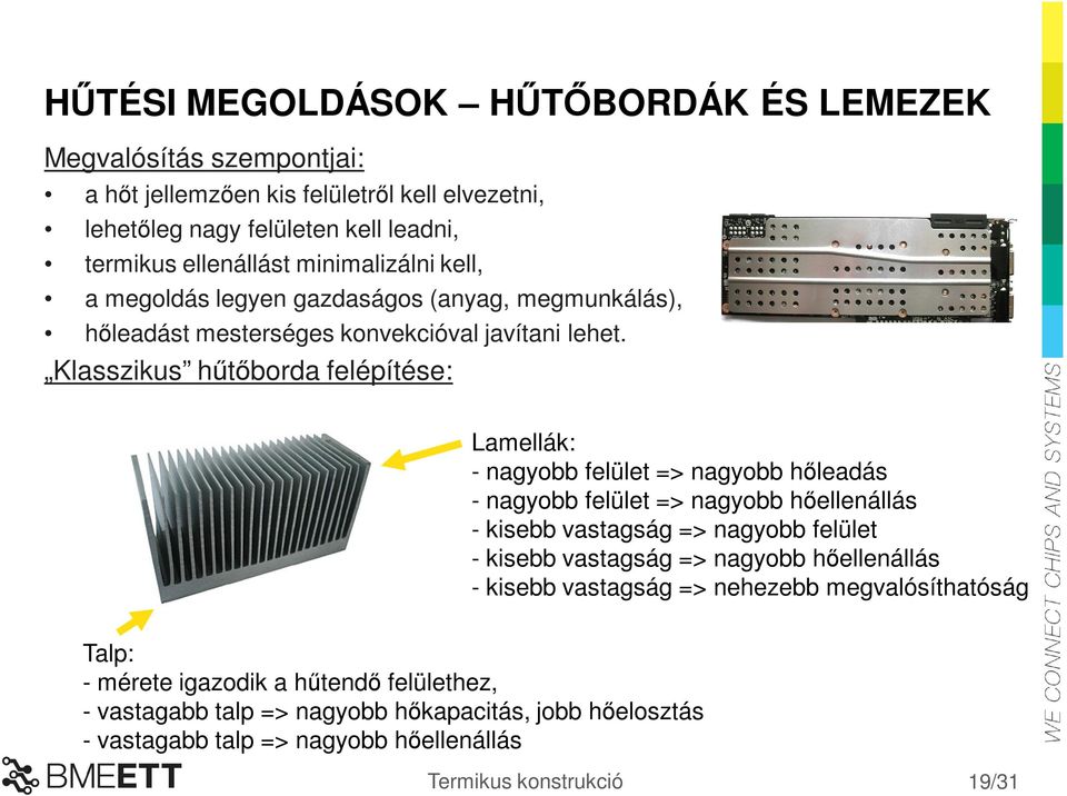 Klasszikus hűtőborda felépítése: Lamellák: - nagyobb felület => nagyobb hőleadás - nagyobb felület => nagyobb hőellenállás - kisebb vastagság => nagyobb felület - kisebb