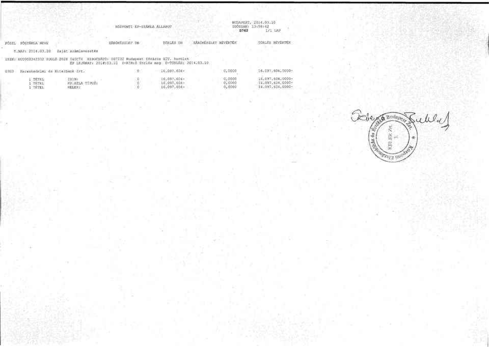 10 Saját számlavezetés ISIN: HU0000342332 ZUGLÓ 2028 040C74 KIBOCSÁTÓ: 007232 Budapest főváros XIV. kerület ÉP LEJÁRAT: 2014^03.10 D-KIB-.