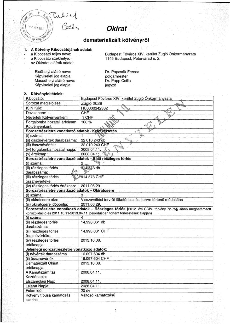 alapja: Budapest Főváros XIV. kerület Zugló Önkormányzata 1145 Budapest, Pétervárad u. 2. Dr. Papcsák Ferenc polgármester Dr. Papp Csilla jegyző 2. Kötvényfeltételek: Kibocsátó: Budapest Főváros XIV.
