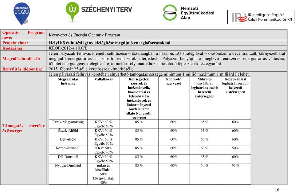 Pályázat benyújtható meglévő rendszerek energiaforrás-váltására, többlet energiaigény kielégítésére, termelési folyamatokhoz kapcsolódó fejlesztésekhez egyaránt. 2015.