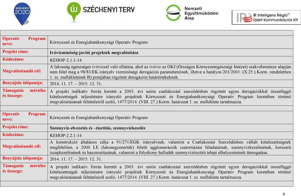 paramétereinek, illetve a hatályos 201/2001. (X.25.) Korm. rendeletben 1. sz. mellékletének B) pontjában rögzített derogációs határértékeknek. 2014. 11. 17. 2015. 12. 31.