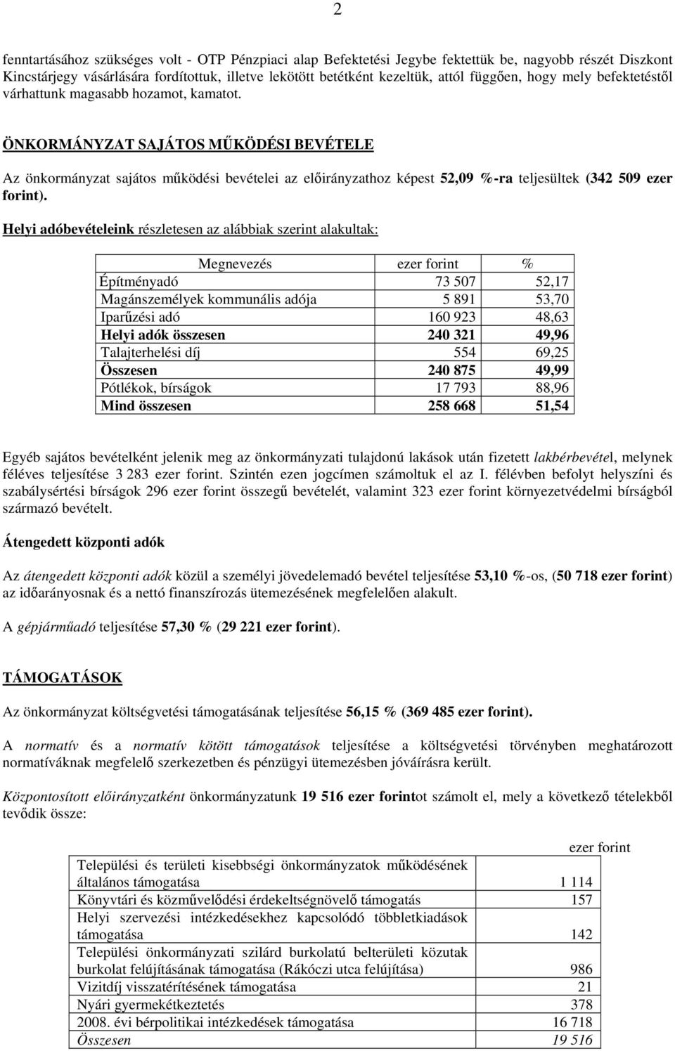 ÖNKORMÁNYZAT SAJÁTOS MŰKÖDÉSI BEVÉTELE Az önkormányzat sajátos működési bevételei az előirányzathoz képest 52,09 %-ra teljesültek (342 509 ezer forint).