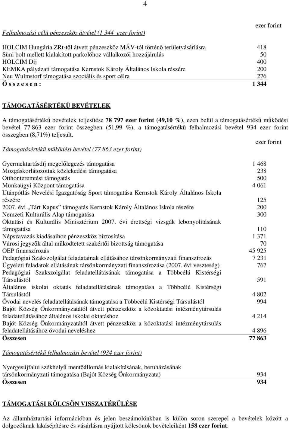 támogatásértékű bevételek teljesítése 78 797 (49,10 %), ezen belül a támogatásértékű működési bevétel 77 863 összegben (51,99 %), a támogatásértékű felhalmozási bevétel 934 összegben (8,71%)