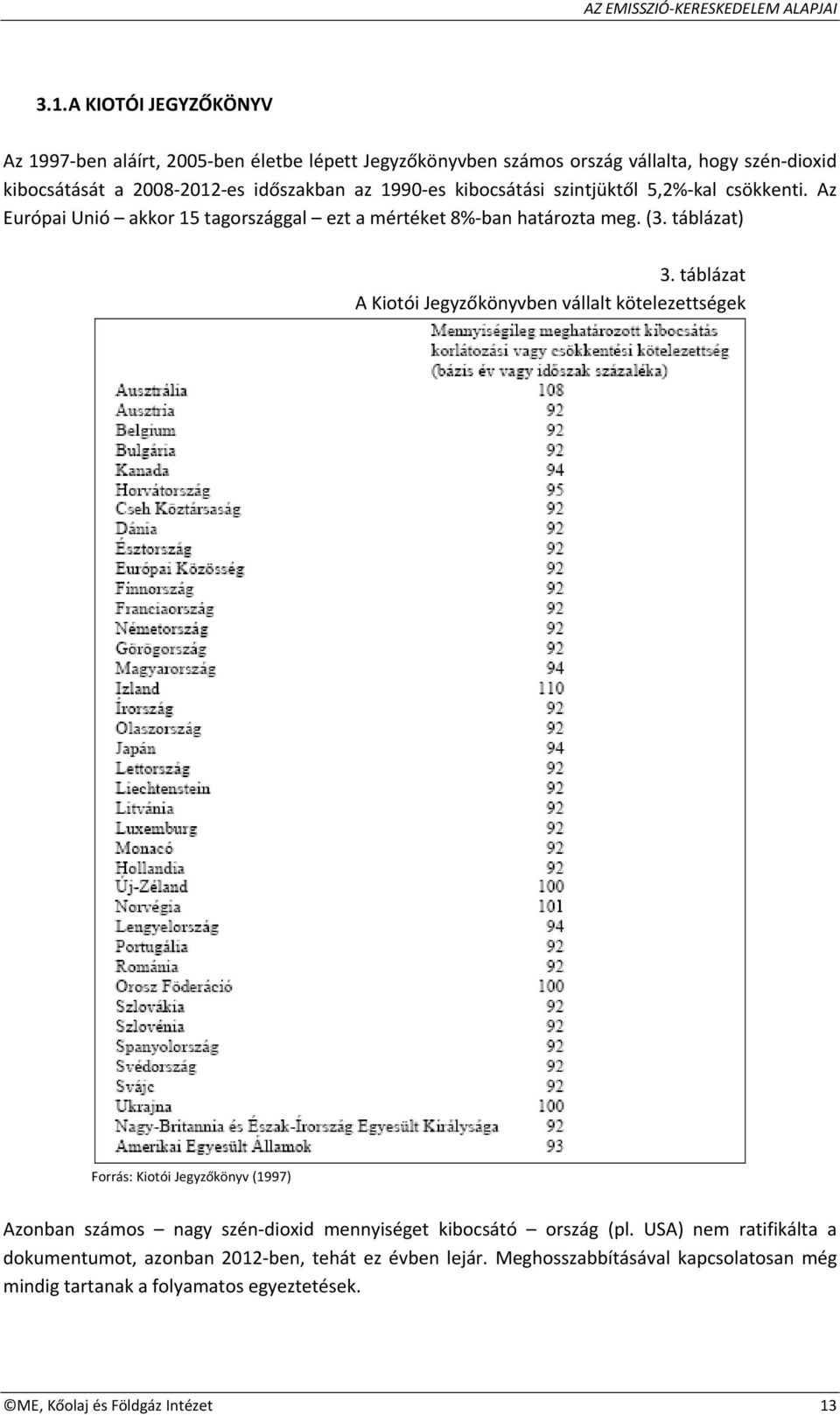 táblázat A Kiotói Jegyzőkönyvben vállalt kötelezettségek Forrás: Kiotói Jegyzőkönyv (1997) Azonban számos nagy szén dioxid mennyiséget kibocsátó ország (pl.