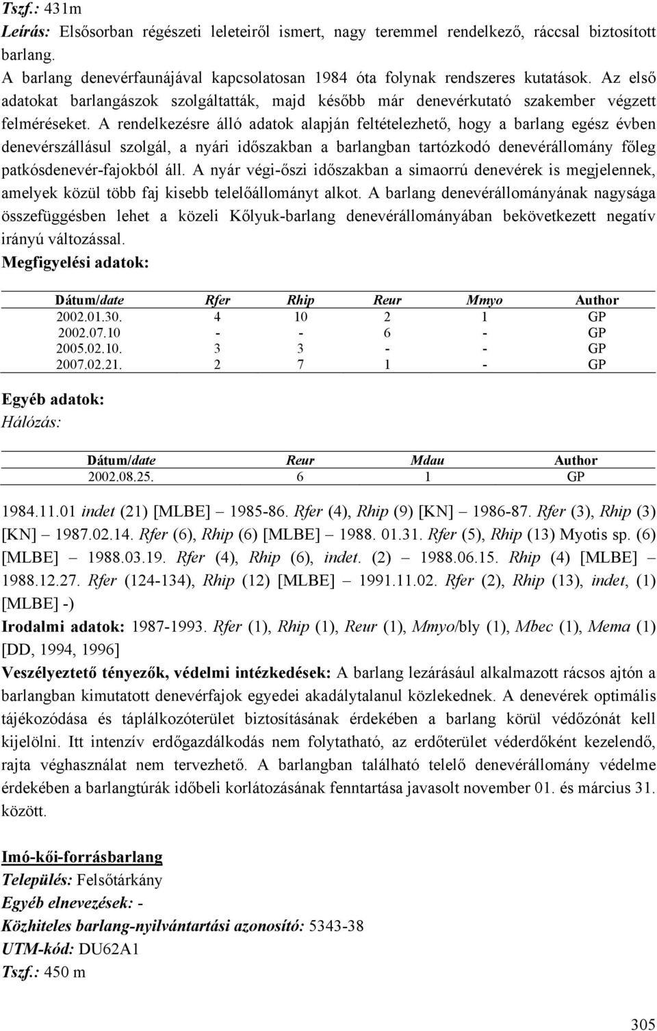 A rendelkezésre álló adatok alapján feltételezhető, hogy a barlang egész évben denevérszállásul szolgál, a nyári időszakban a barlangban tartózkodó denevérállomány főleg patkósdenevér-fajokból áll.