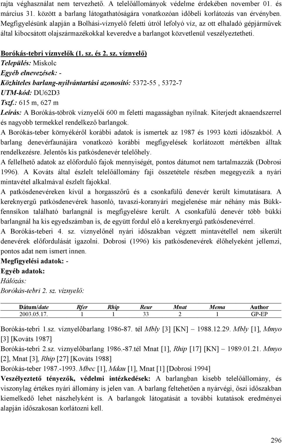 Borókás-tebri víznyelők (1. sz. és 2. sz. víznyelő) Közhiteles barlang-nyilvántartási azonosító: 5372-55, 5372-7 UTM-kód: DU62D3 Tszf.